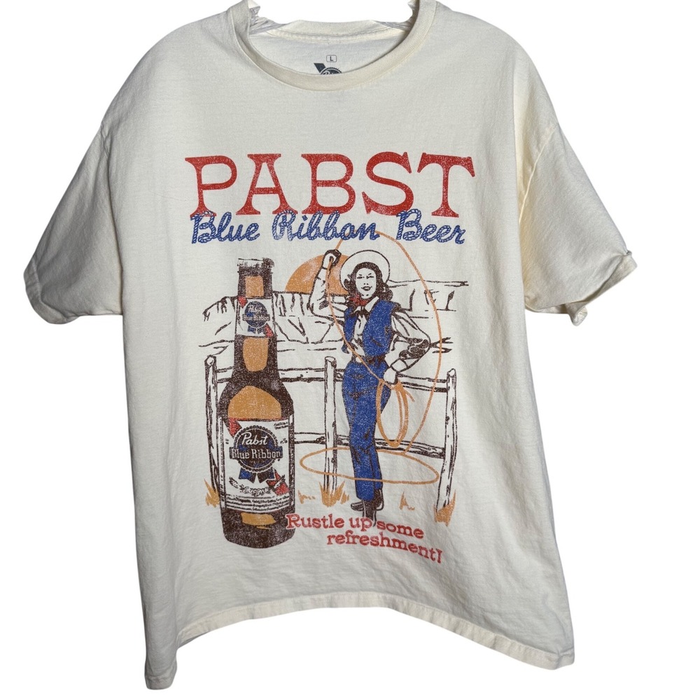 Pabst Blue Ribbon Graphic T-Shirt Mens Large Cream Cotton Cowgirl Western Beer